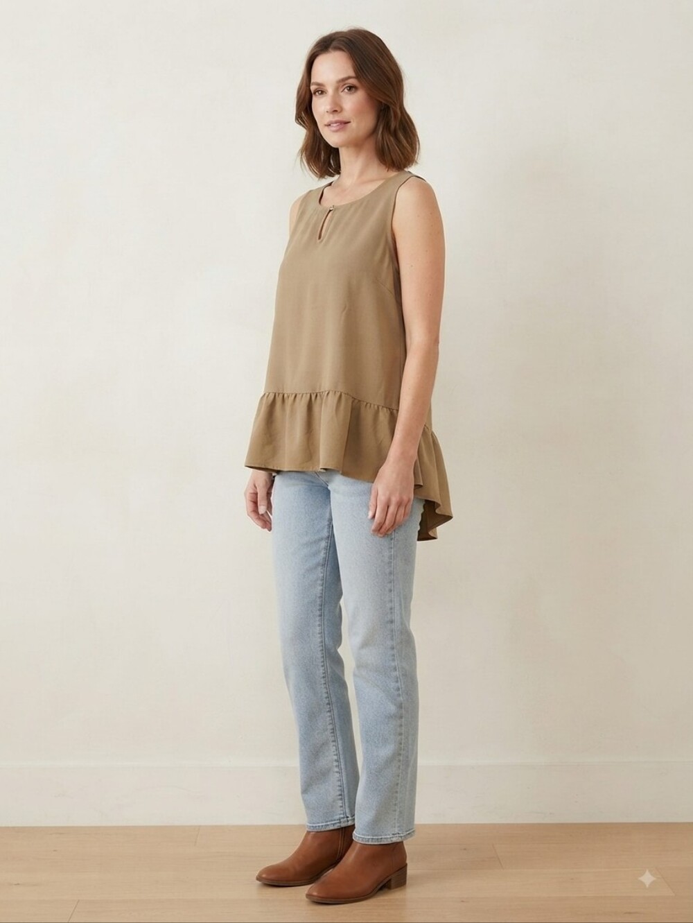 Zenana Outfitters Taupe Ruffle-Hem Sleeveless Top